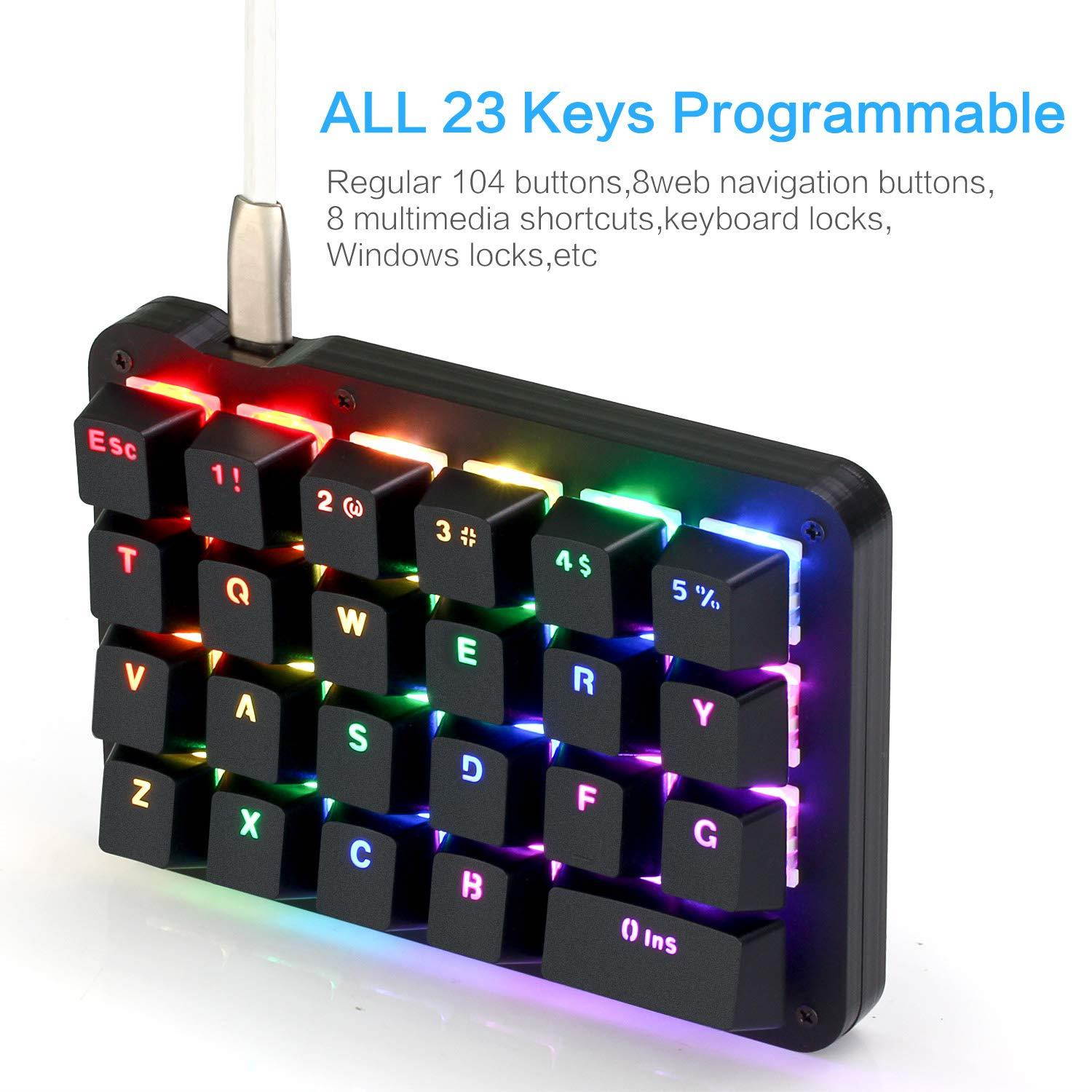 Koolertron One Handed Macro Mechanical Keyboard, RGB LED Backlit Portable Mini One-Handed Mechanical Gaming Keypad 23 Fully Programmable Keys Red Switches