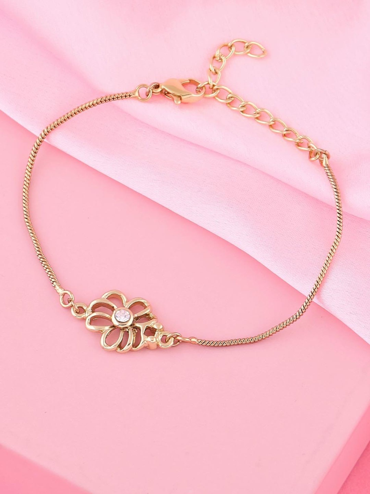 Estele Gold-Plated Jali Work Floral Bracelet with Austrian Crystals for Women