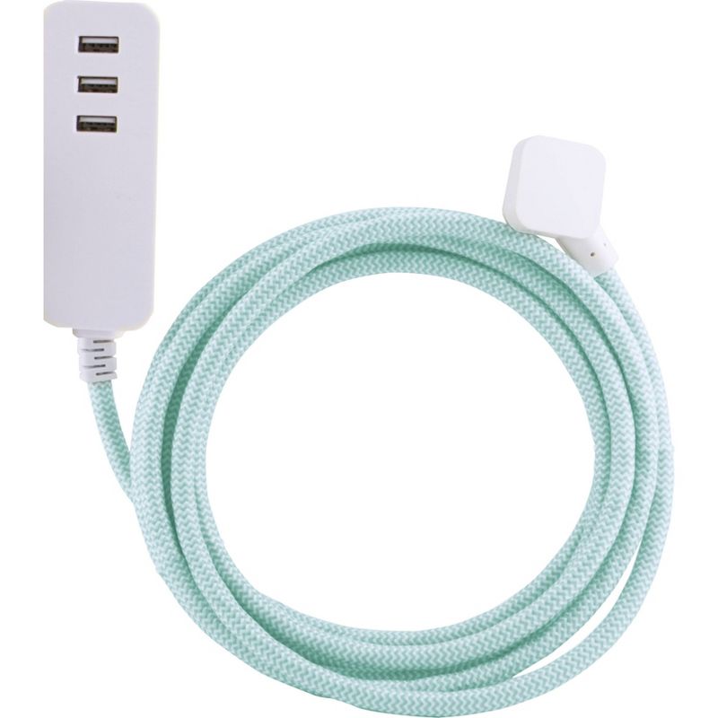 Cordinate USB Extension Cord with Surge 3 Ports 3.4A 10' Braided Cord Mint/White