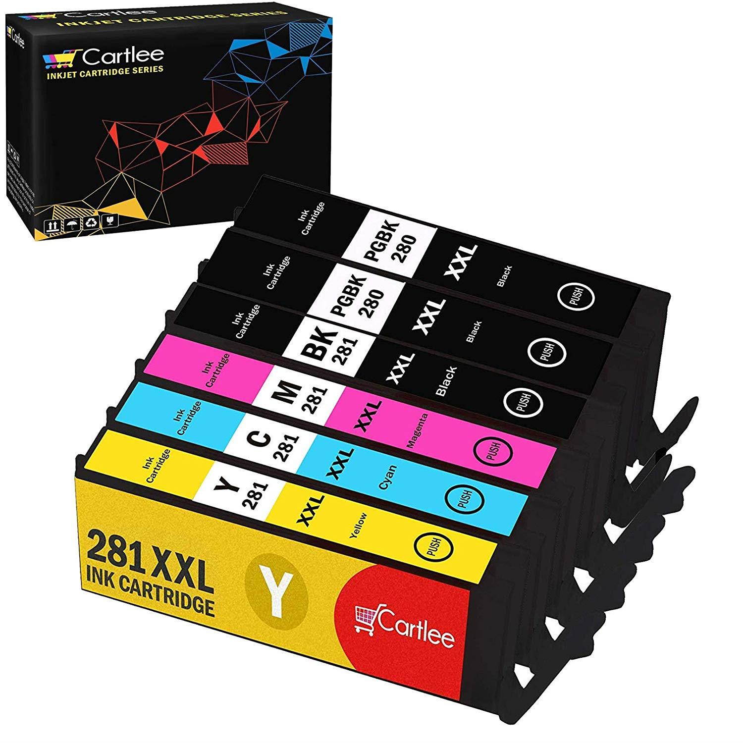 Cartlee Set of 6 Compatible High Yield Ink Cartridges PGI-280XXL CLI-281XXL Replacement for Canon Pixma TS6120 TS8120 TS9120 TR7520 TR8520 Printers (2 Black, 1 Pb Black, 1 Cyan, 1 Magenta, 1 Yellow)