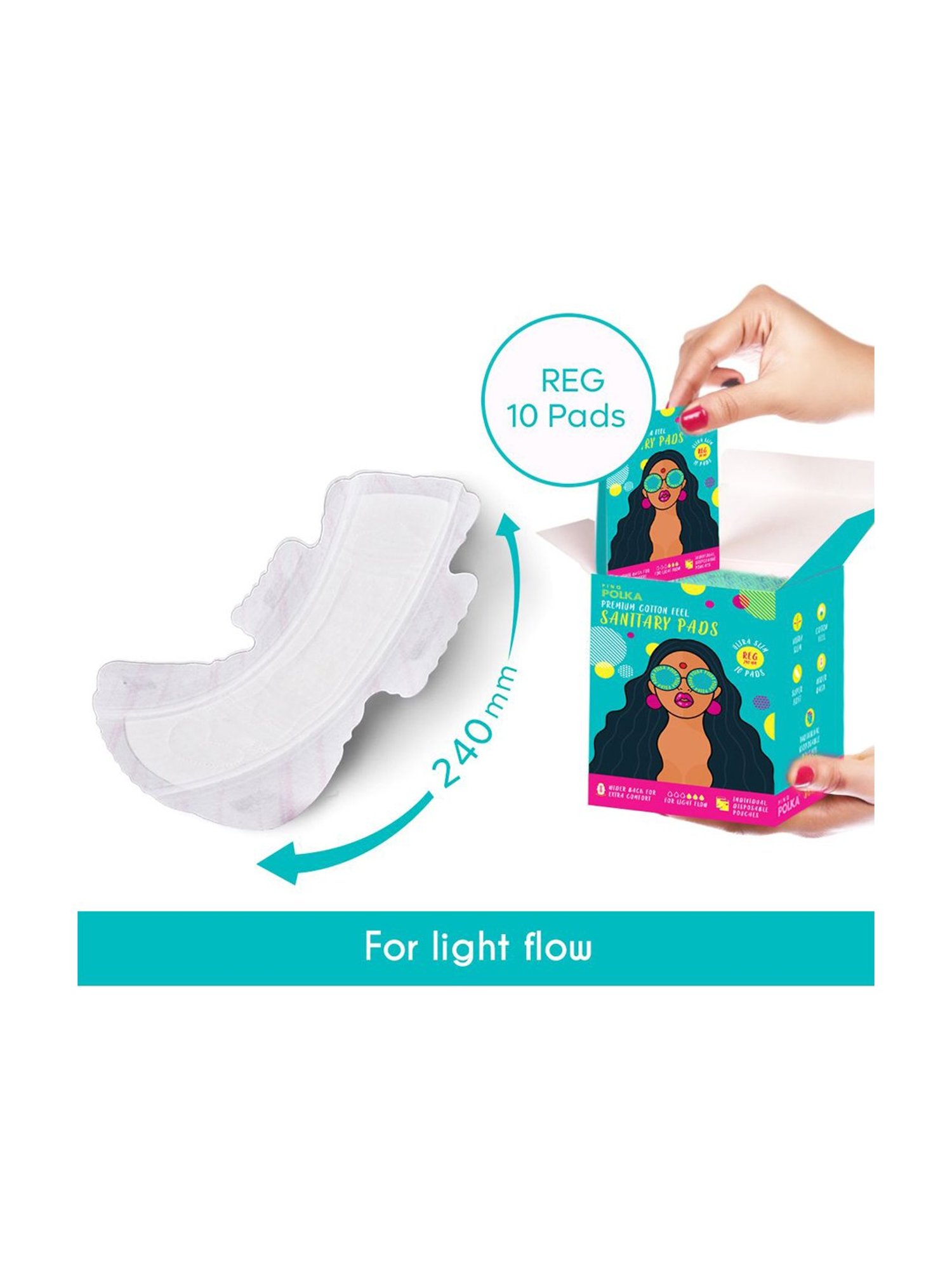 PINQ Polka Organic Cotton Ultra Sanitary Pads-Reg with Disposable Biodegradable Pouch-Pack of 20