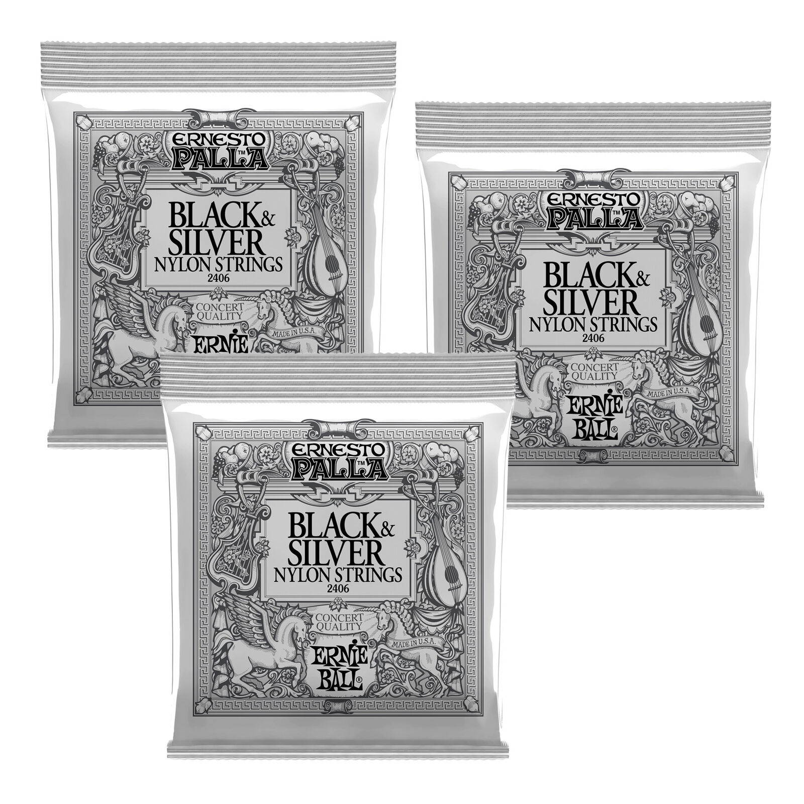 3 PACK Ernie Ball P02406 Ernesto Palla Nylon Black and Silver Classical Tie On S