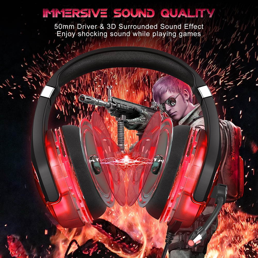 ONIKUMA K1B PRO Wired Gaming Headset with 50mm Driver Unit 3D Surround Stereo Sound Noise Reduction Mic USB+3.5mm Ports Red