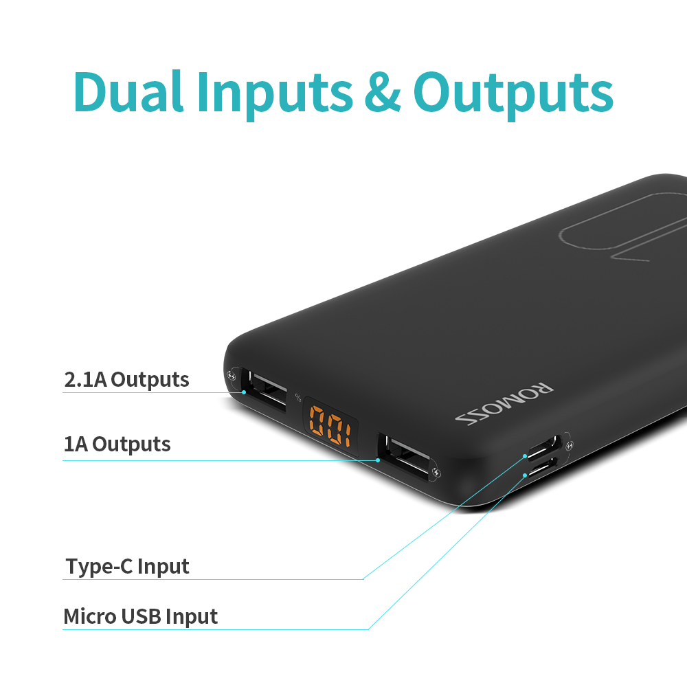 ROMOSS Power Bank 10000mAh (17mm) Ultra Slim Portable Charger with Dual Output Port Powerbank with LED Display Ultra-Compact External Battery for Smartphone, iPhone, Samsung Galaxy, Tablet and More