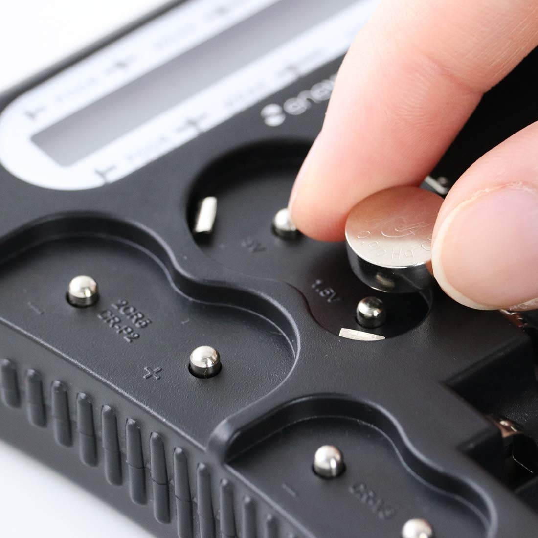 Enevolt-Basic Universal Battery Tester with Display for AA AAA C D N 9V CR123A CR2 3V 1.5V 2CR5 CR-P2 CR-V3 Button Cell Batteries, Compact Battery Checker - Black