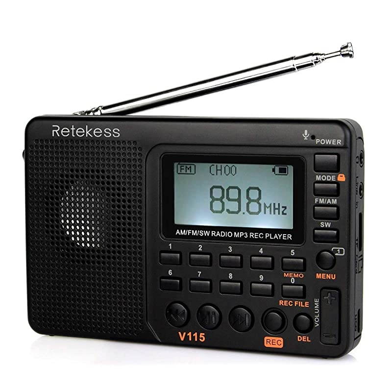 V115 Shortwave Radio AM FM Radio Digital Tuner Rechargeable Radio Support Recording Portable MP3 Radio with Bass and TF Socket Black