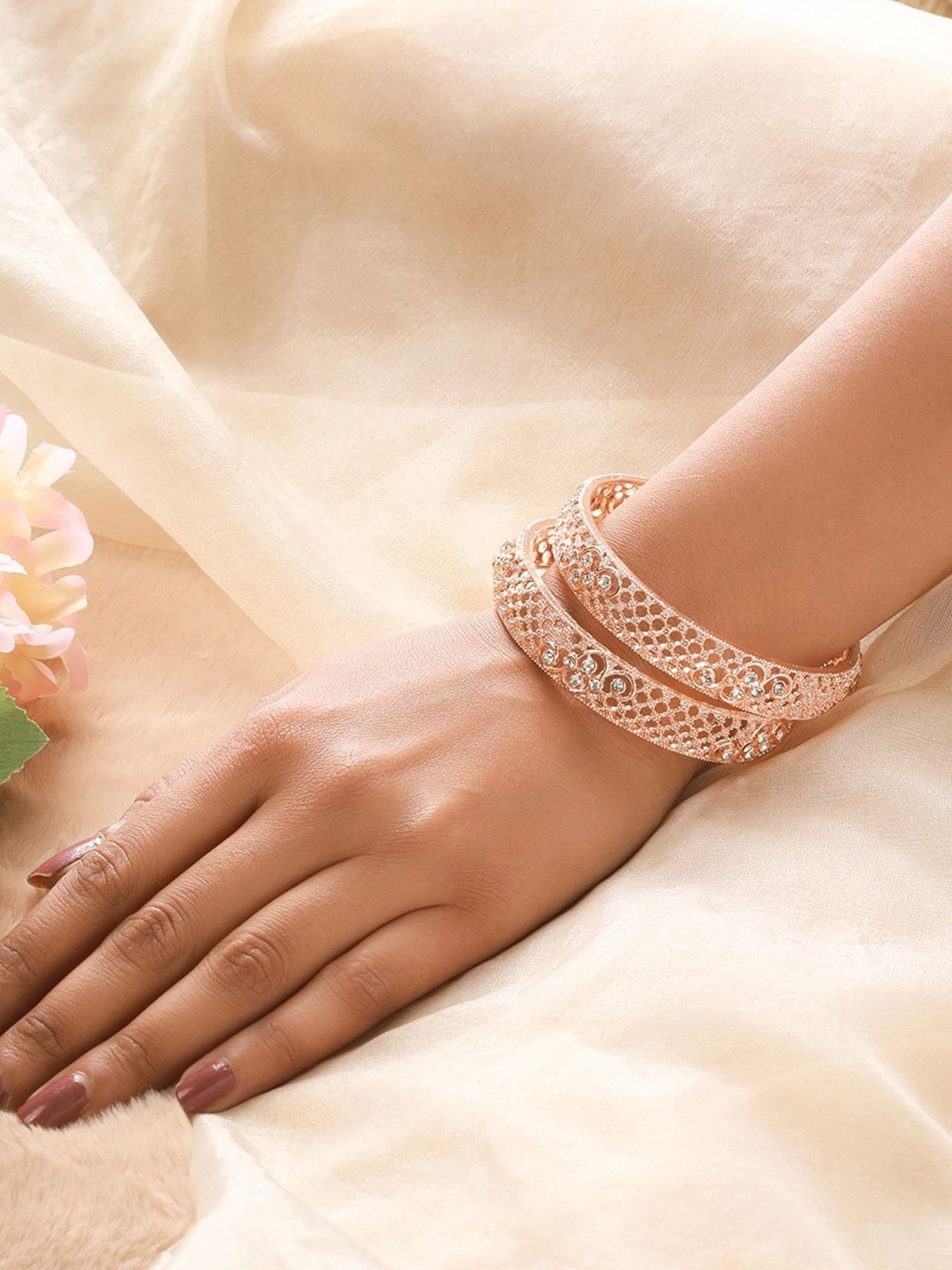 Jazz And Sizzle Rose Gold-Plated Cubic Zirconia Studded Bangle - Set of 2