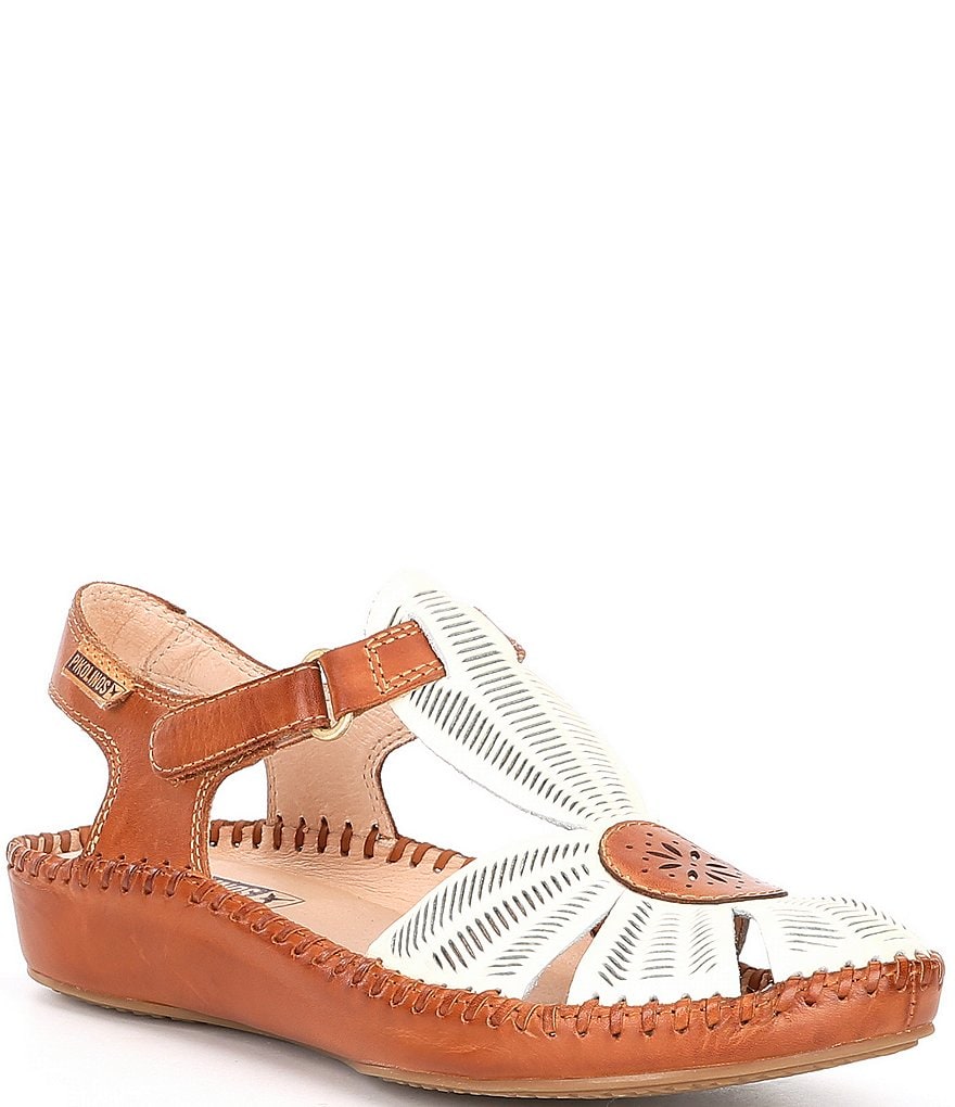 Pikolinos Puerto Vallarta 655 Leather Cut-Out Detail T-Strap Wedge Sandals
