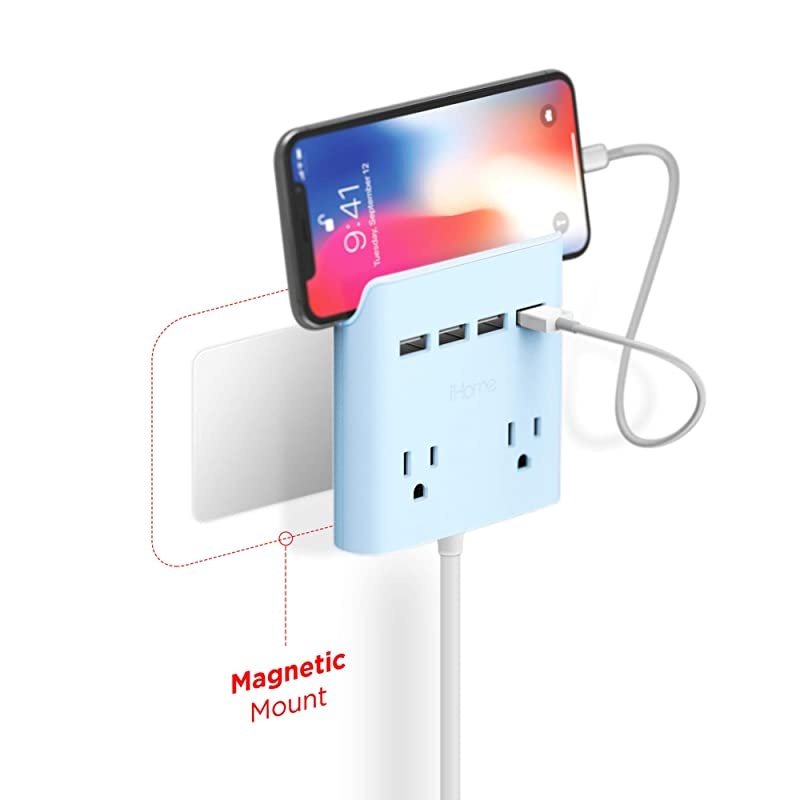 Plug Outlet Extender amp Splitter iHome PowerReach 6ft Extension Cord with 2 Outlets amp 4 USB Ports for ple Smartphone Charging DesktopMagnetic Wall Mounting Charger