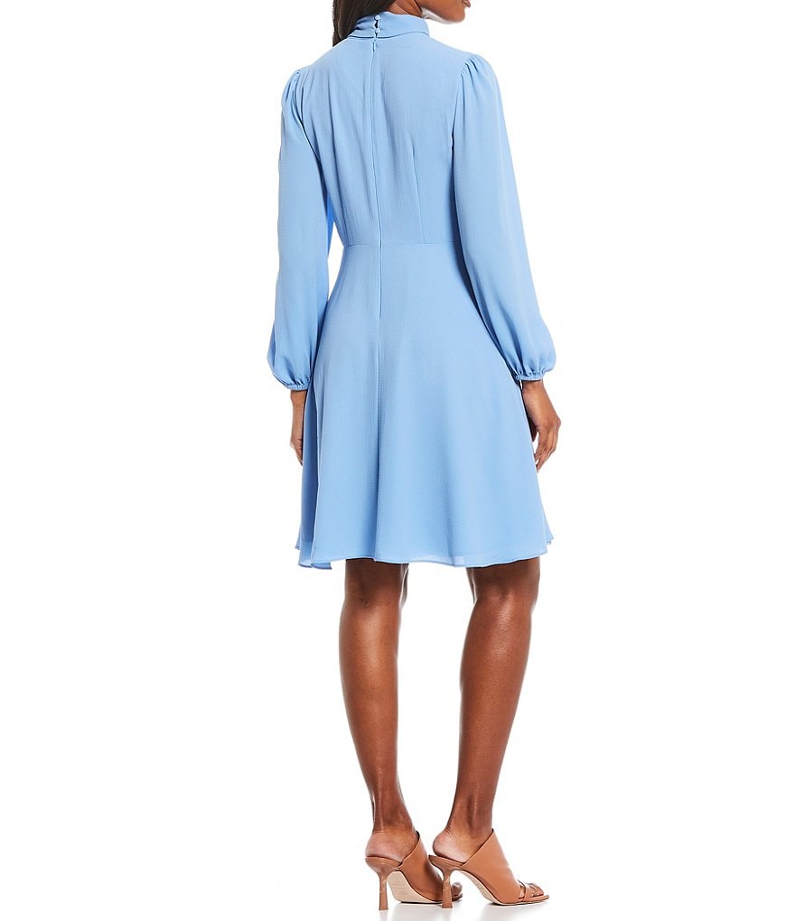 Maggy London Petite Size Long Sleeve Catalina Crepe Tie Neck A-Line Dress