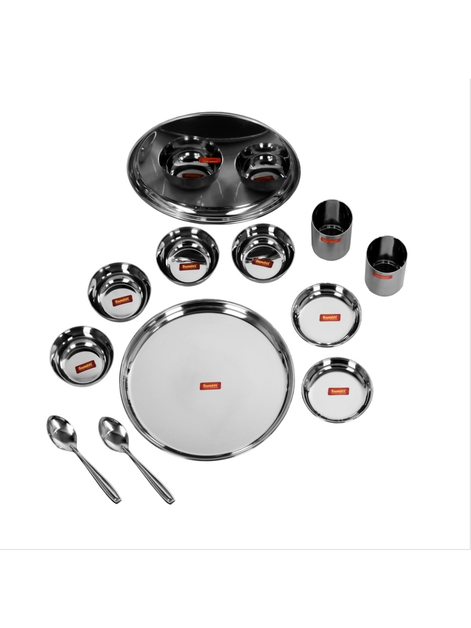 Sumeet S.S.Mirror Finish Dinner set of 12Pc(2 Plate,2 Small/Halwa Plate,4 Bowl/Wati,2 Glass,2 Spoon)