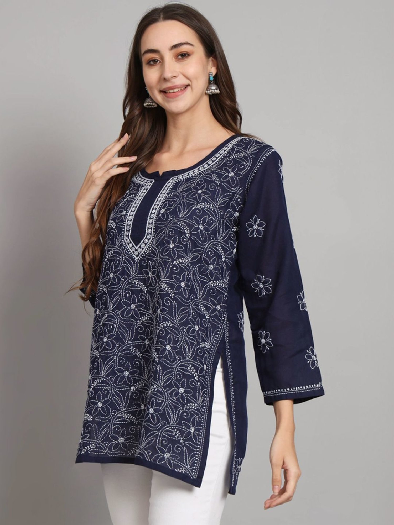 PARAMOUNT CHIKAN Navy Cotton Hand Embroidered Chikankari Straight Kurti