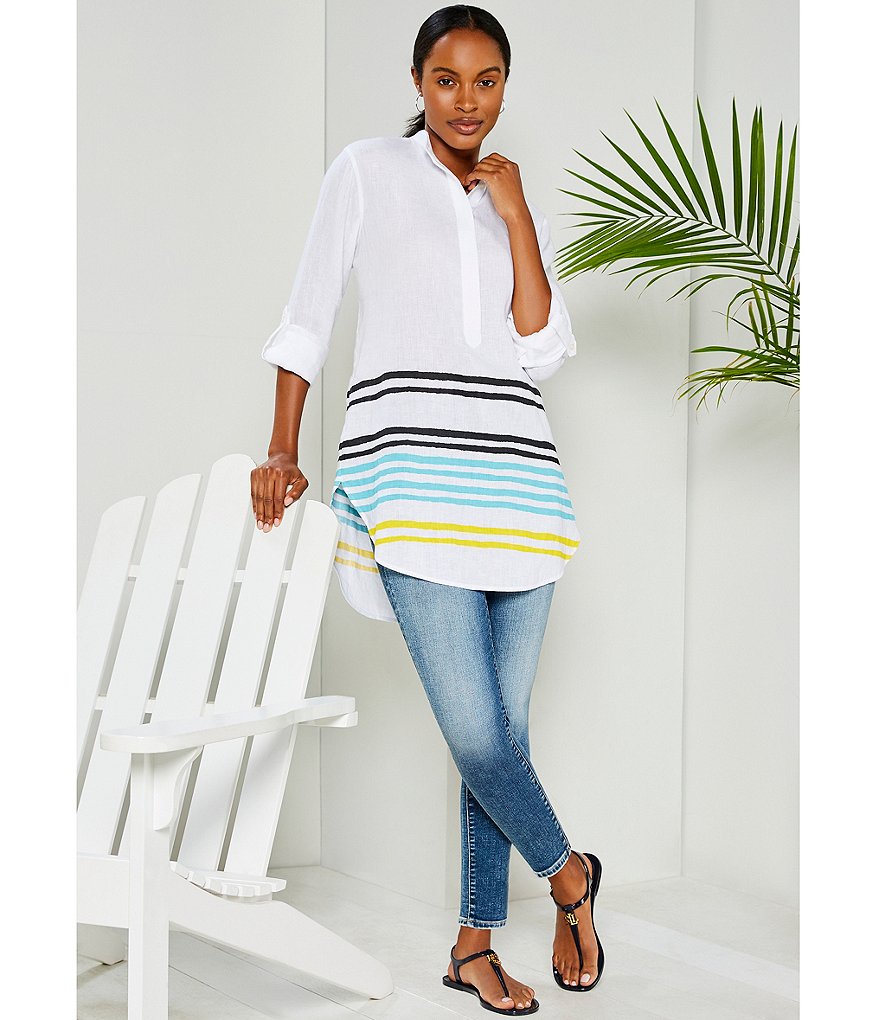 Lauren Ralph Lauren Striped Linen Long Roll-Tab Sleeve Hi-Low Tunic