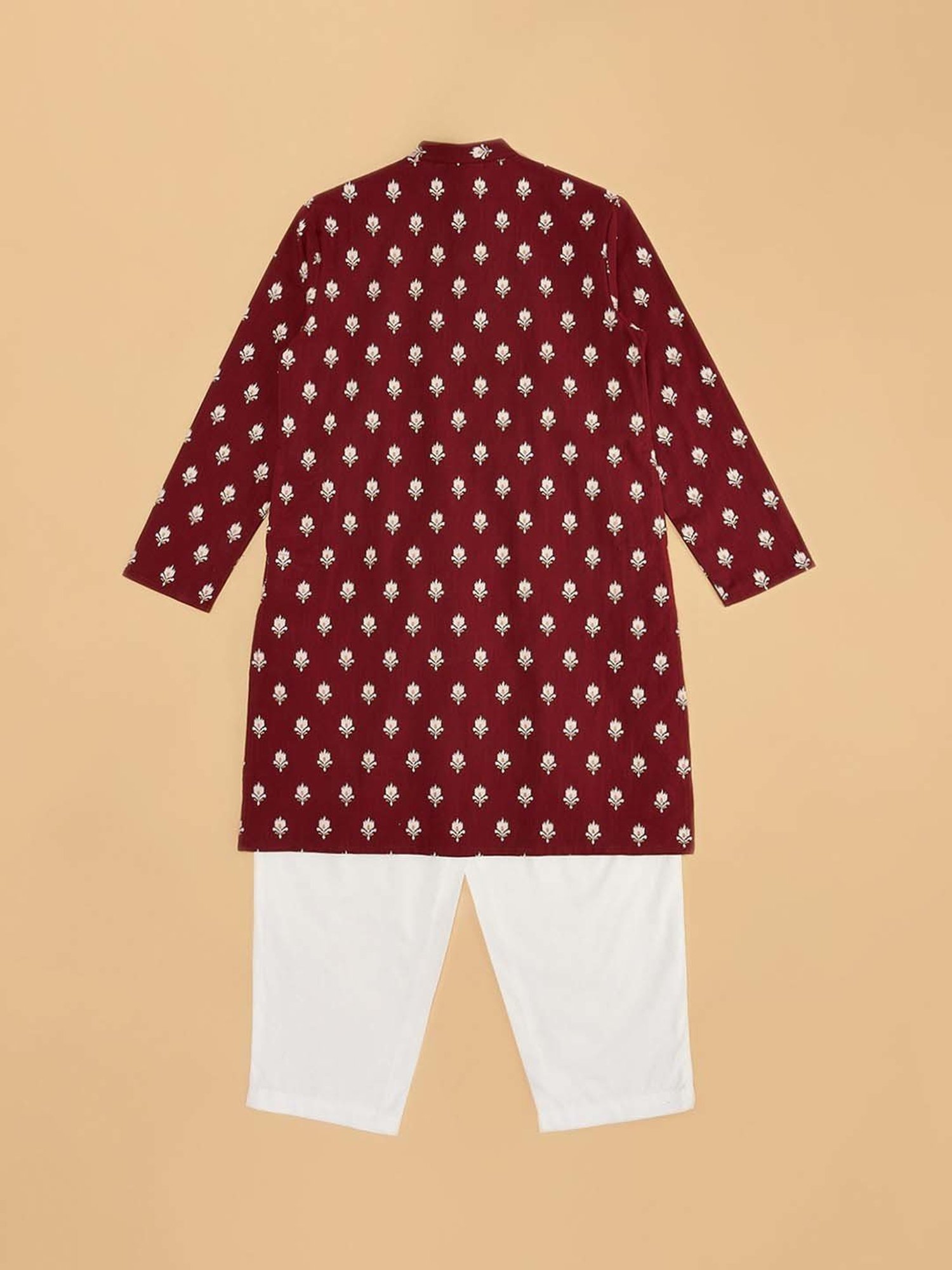 Indus Route by Pantaloons Kids Maroon & White Cotton Floral Print Full Sleeves Kurta Set