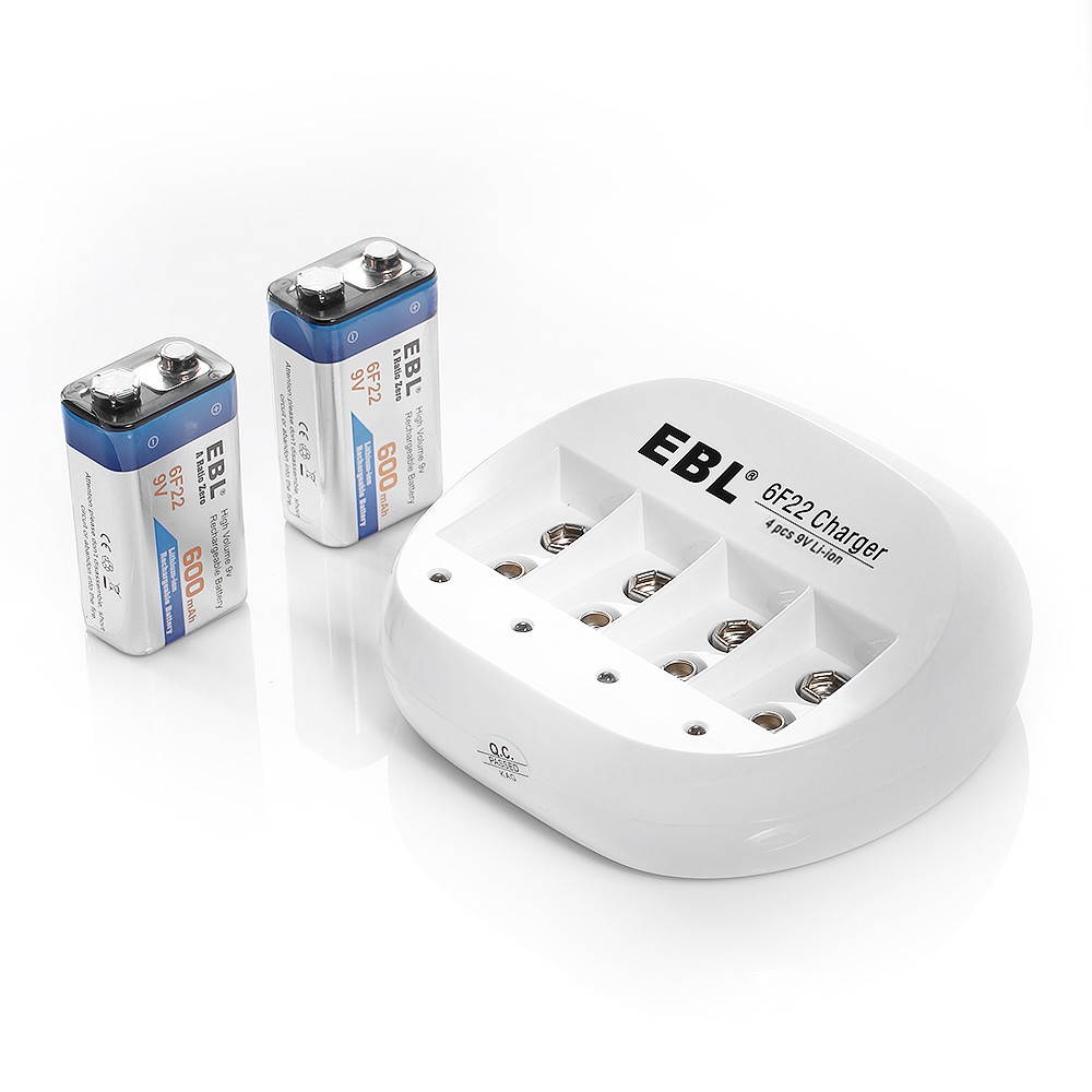 EBL 2 Pack 6F22 600mAh 9V Lithium-ion Rechargeable Batteries with 4 Bay 9V Li-ion Battery Charger