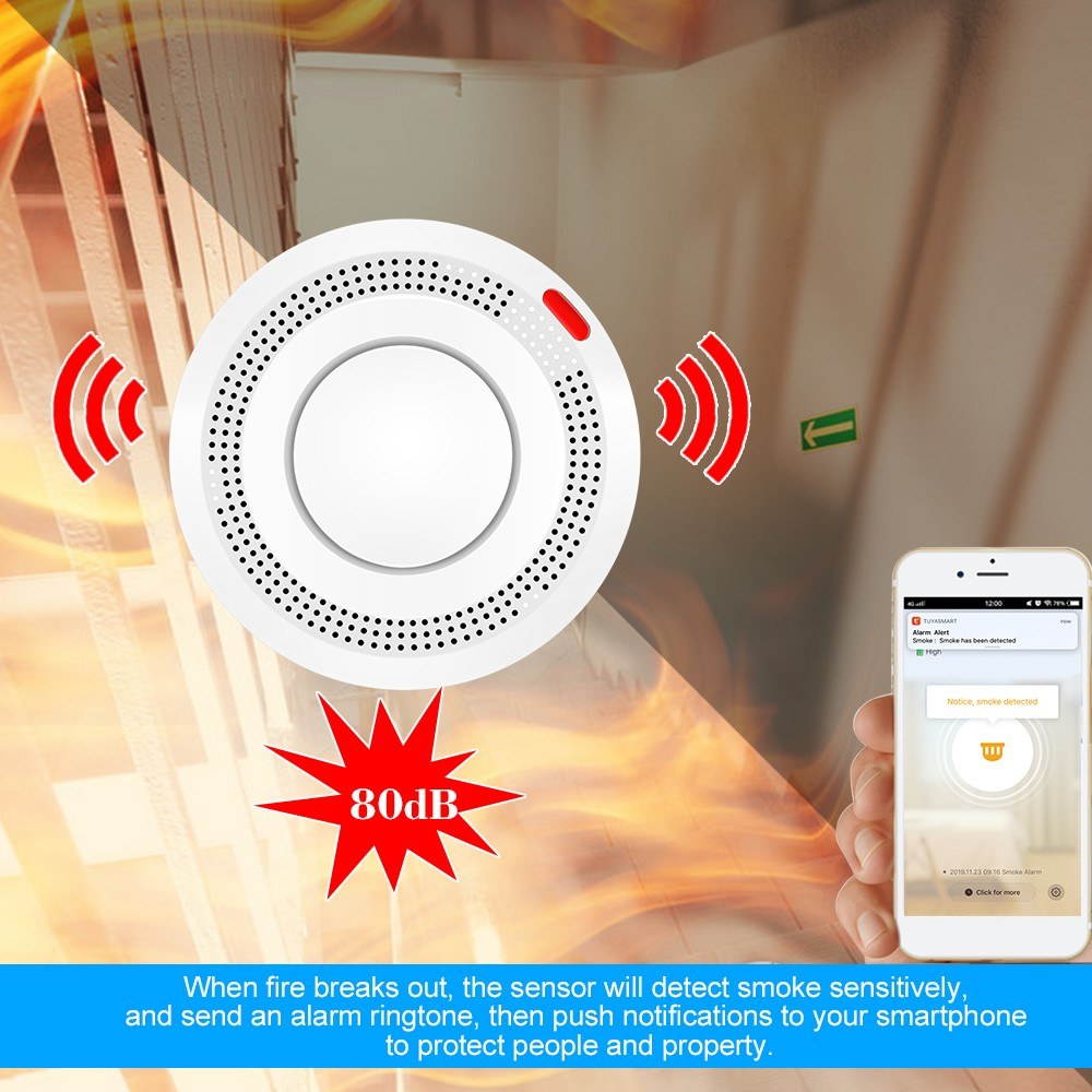 Wifi Smoke Detector Smart Fire Alarm Sensor Wireless Security System Smart Life Tuya APP Control Smart Home For Home Kitchen/Store/Hotel/Factory