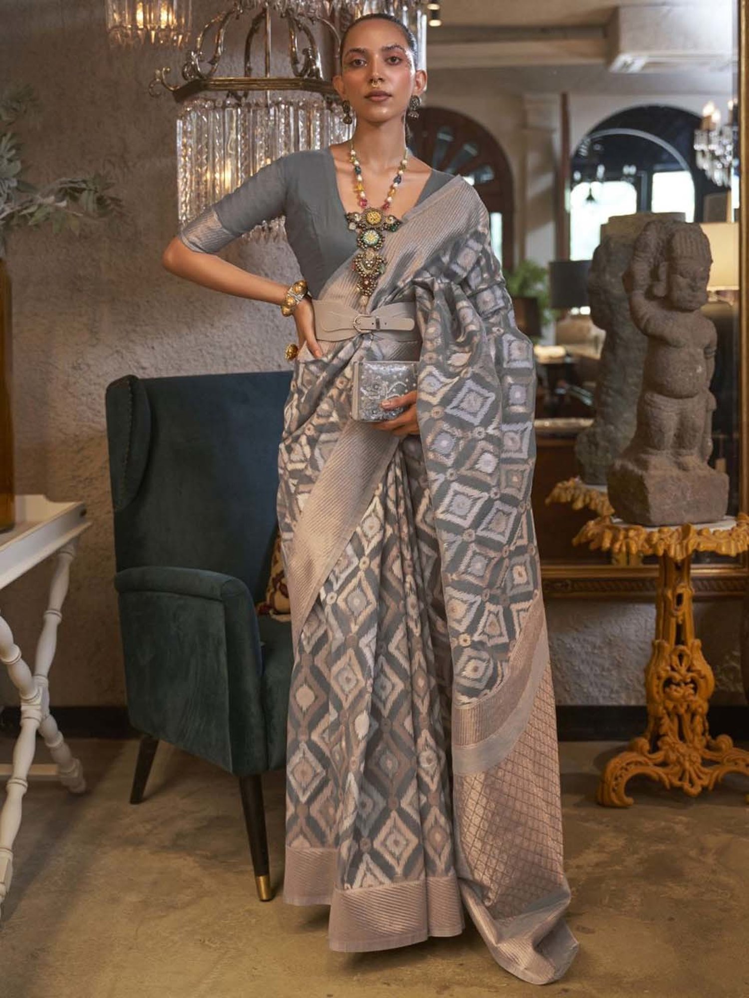 Elora Grey Linen Woven Saree With Unstitched Blouse