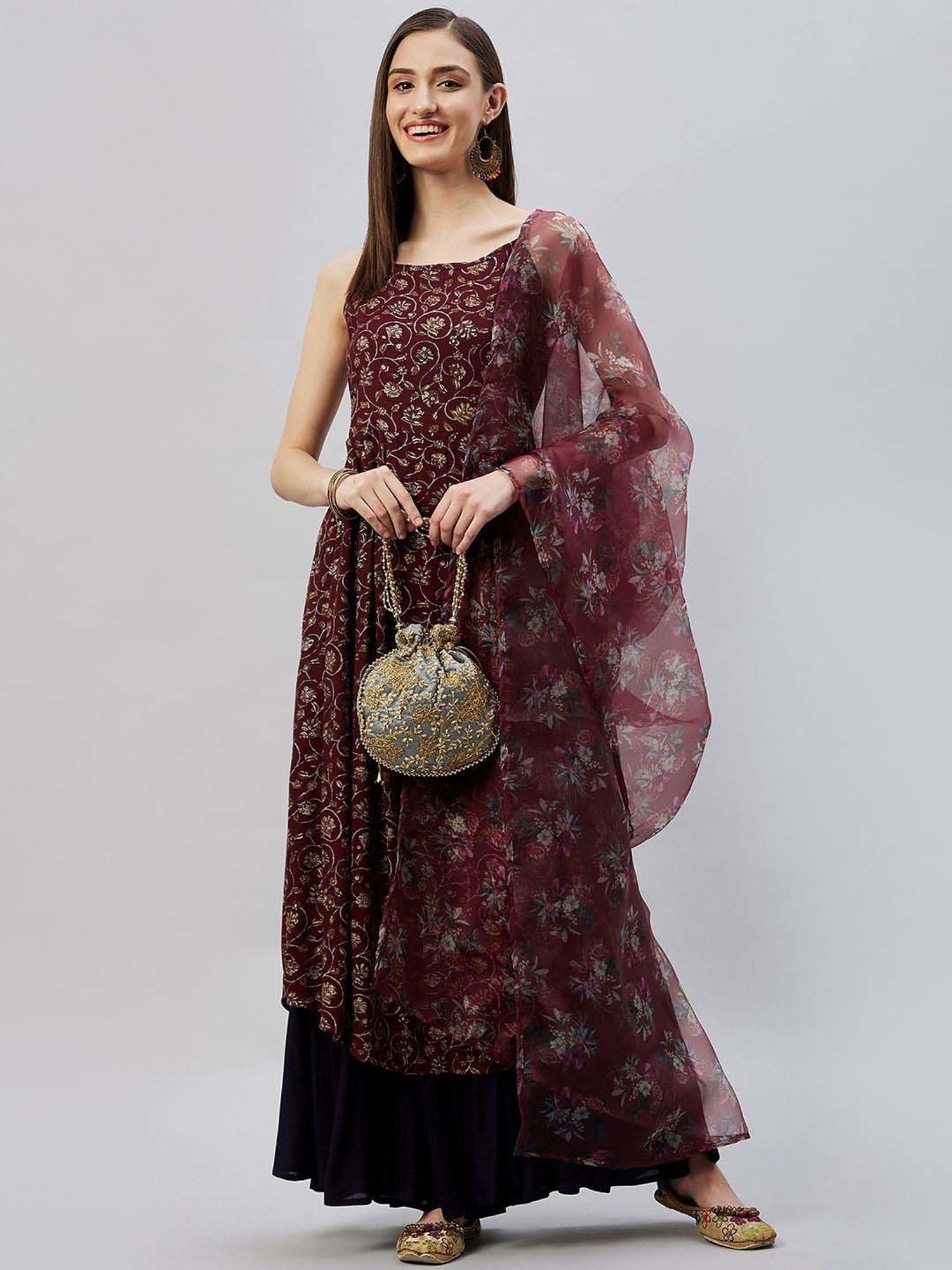 Inweave Wine Floral Print Dupatta