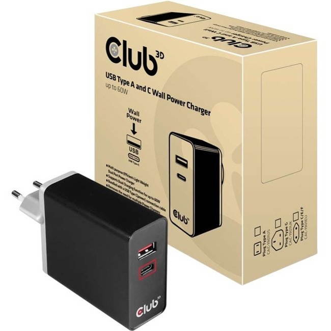 Club3D CAC-1902 USB Type A and C Wall Power Charger up to 60W