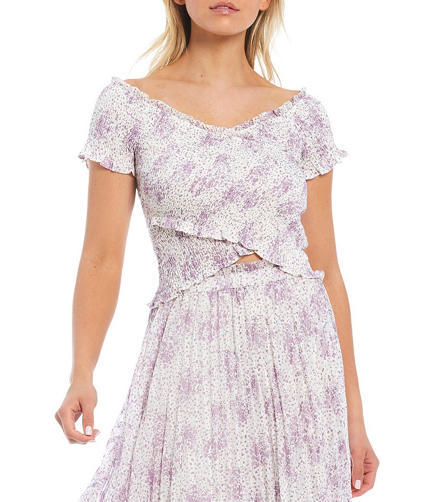 Lucy Paris Mikaela Floral Print V-Neck Asymmetrical Hem Coordinating Smocked Top