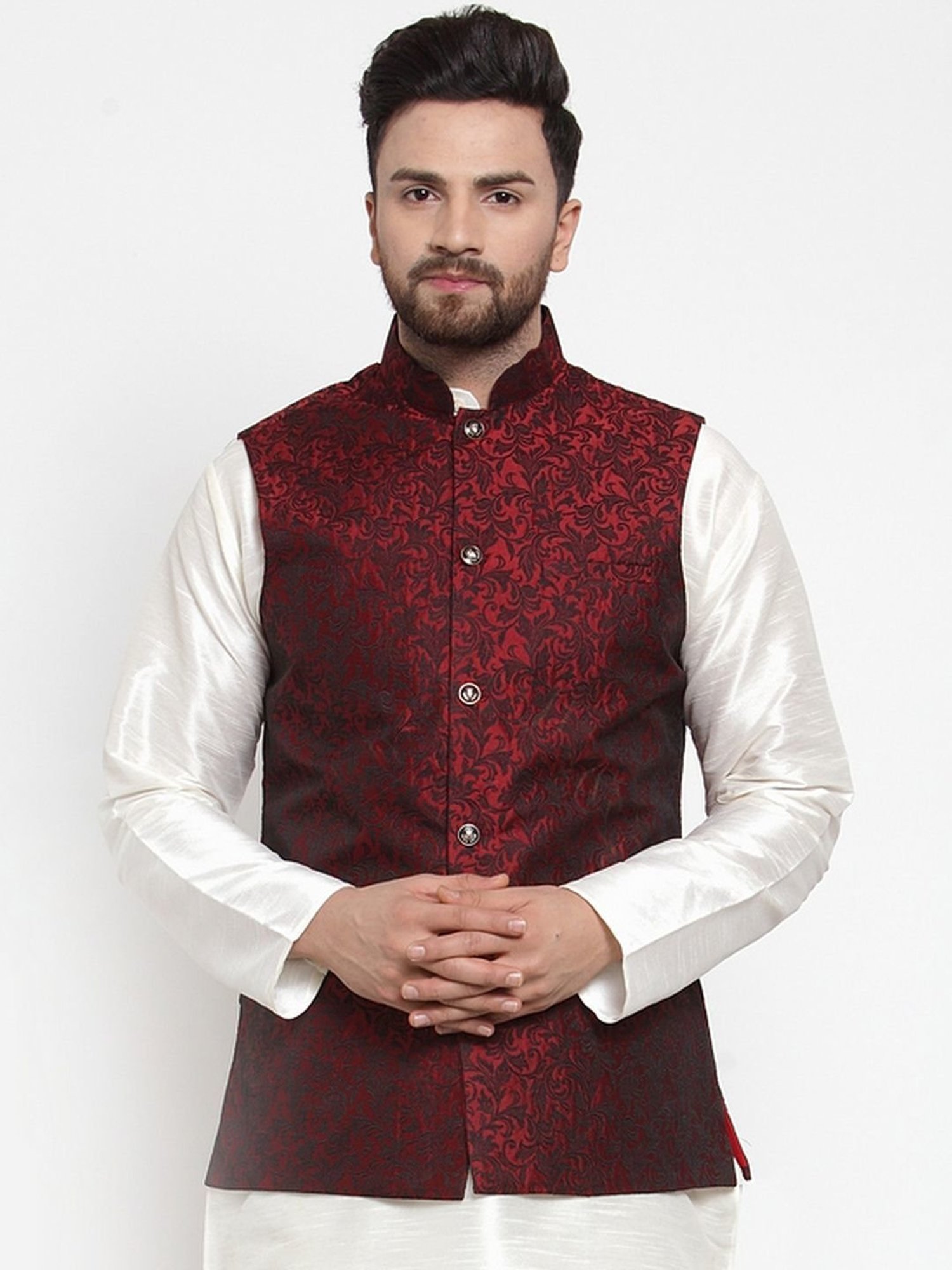 Jompers Maroon Cotton Regular Fit Embroidered Nehru Jacket