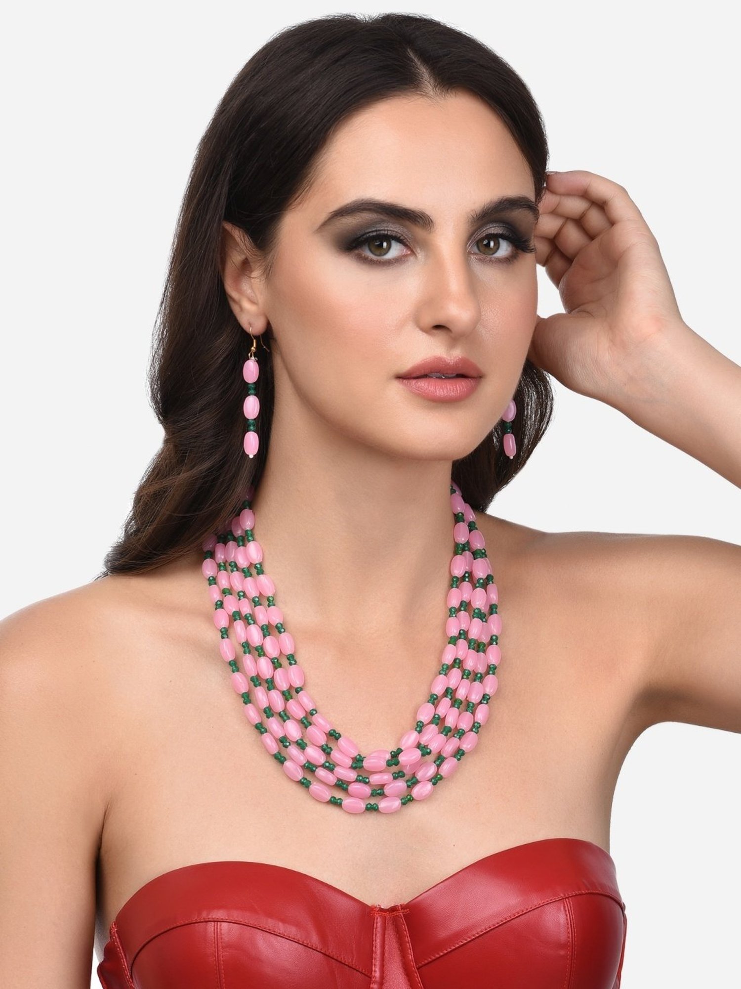 Zaveri Pearls Pink & Green Multi Layers Beaded Necklace & Earring Set