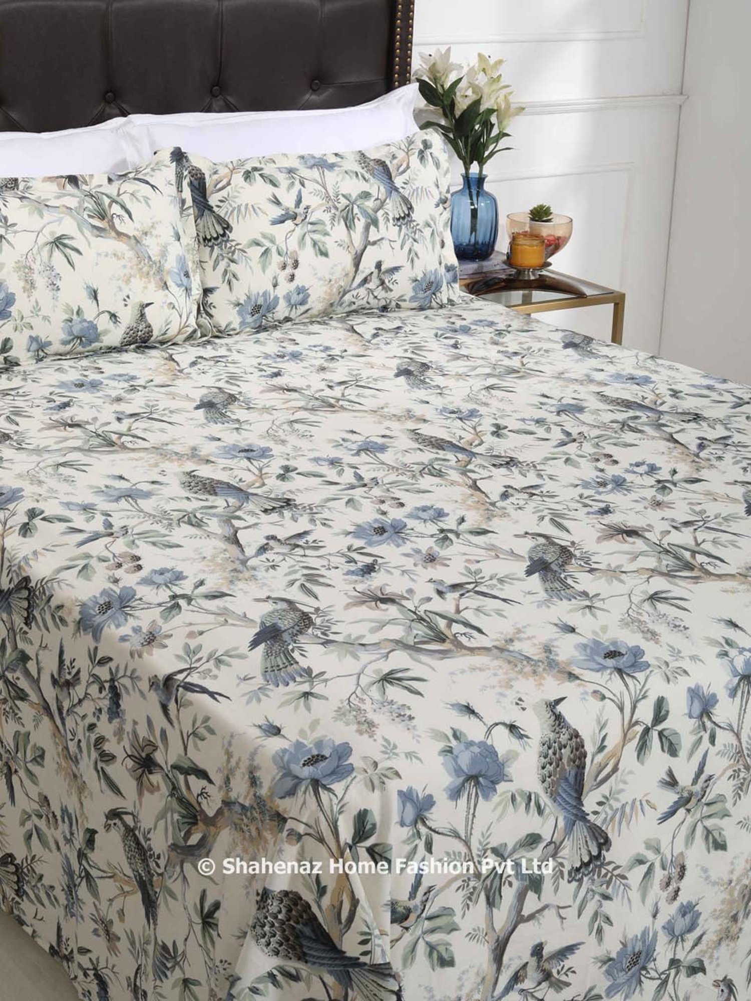 Shahenaz Blue 120 TC Cotton Floral Birds Double Bedsheet with 2 Pillow Covers
