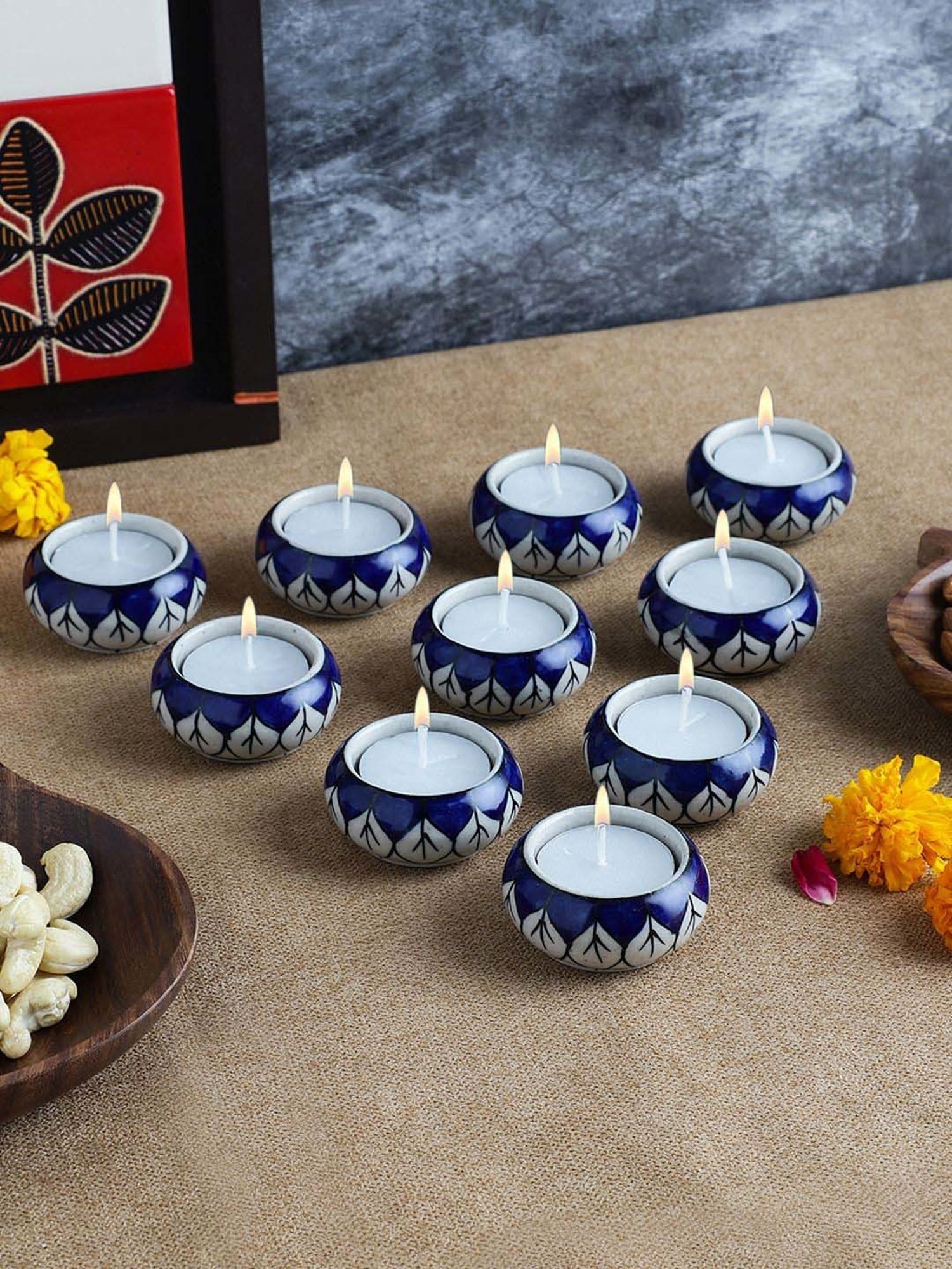 VarEesha Earthen Sparkle Navy & White Ceramic Tea Light Holder - Set of 10