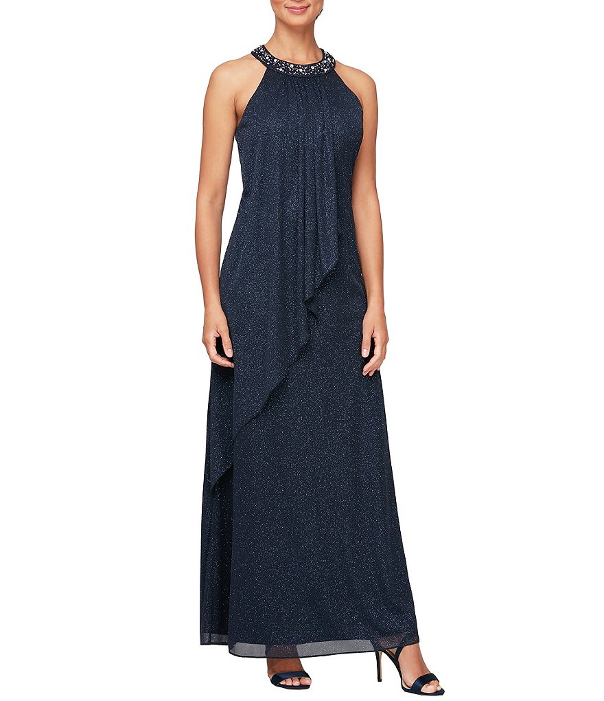 Ignite Evenings Halter Neck Sleeveless Beaded Glitter Mesh Gown