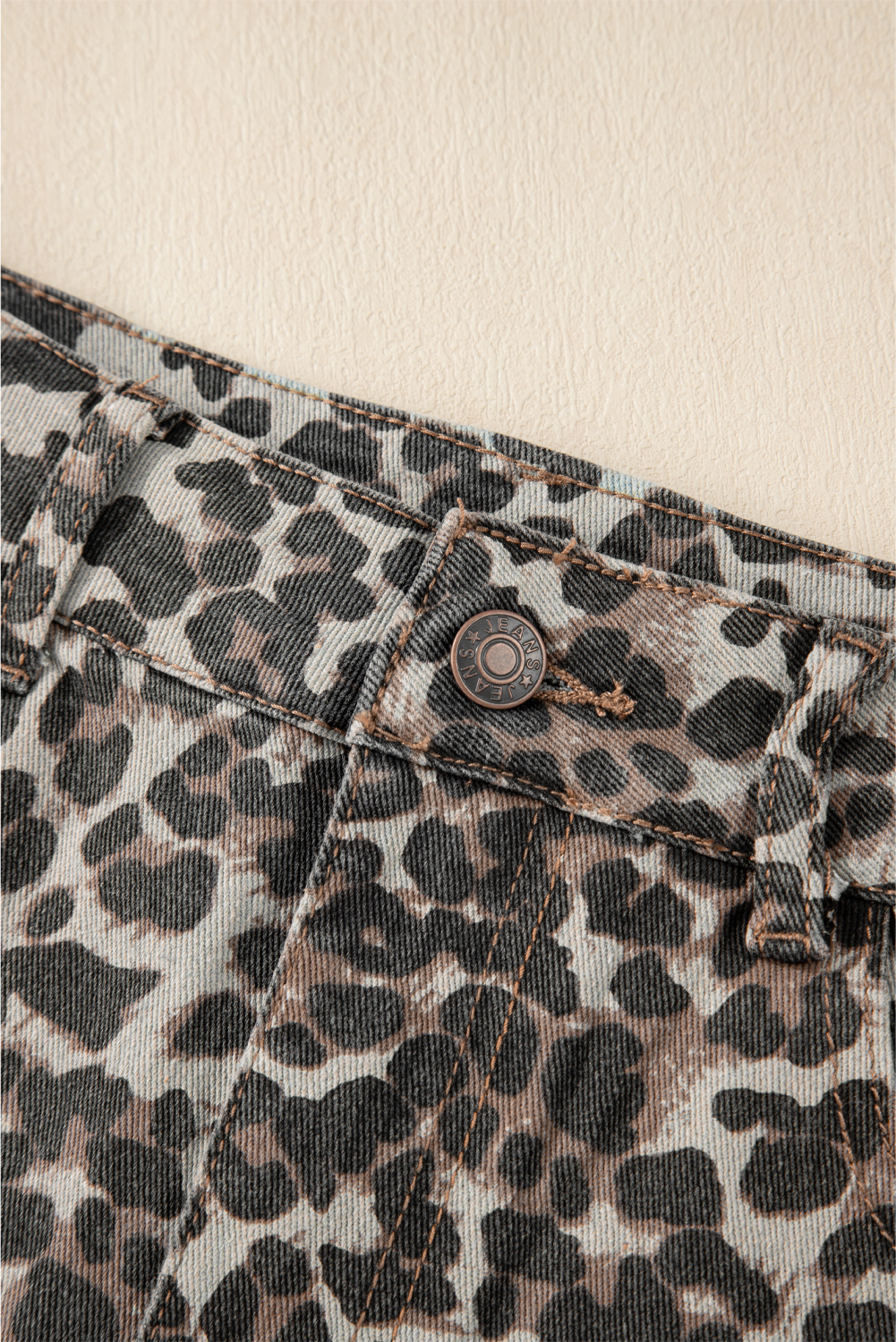 Khaki Allover Leopard Print Denim Mini Skirt