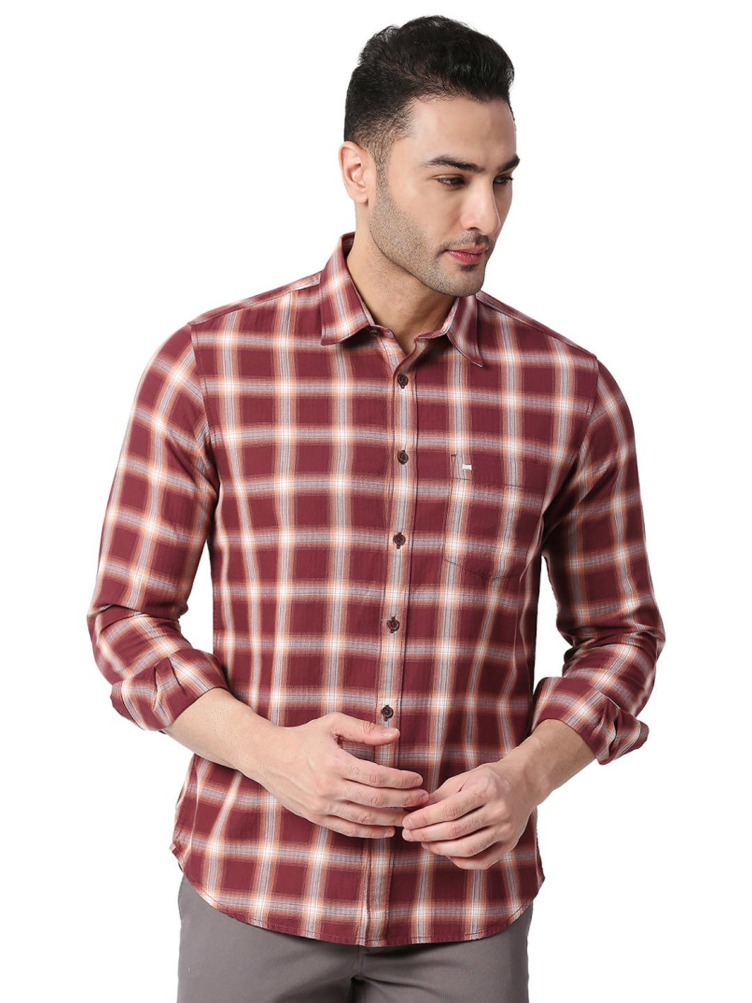 Basics Maroon Slim Fit Checks Shirt