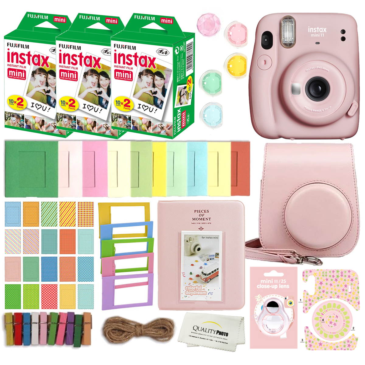 Fujifilm Instax Mini 11 Instant Camera with Case, 60 Fuji Films, Decoration Stickers, Frames, Photo Album and More Accessory kit (Blush Pink)