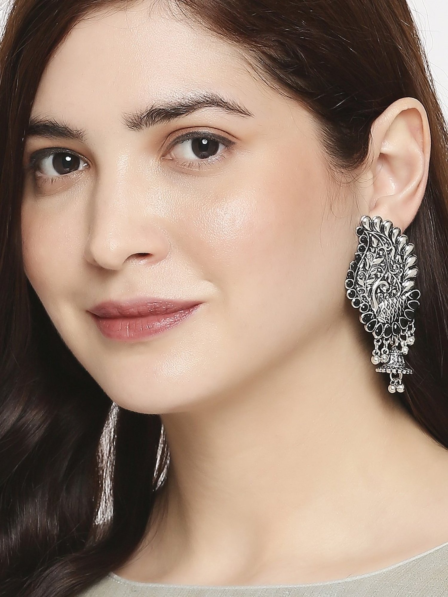 Oomph Oxidized Silver Tone Peacock Shape Jhumki Earrings