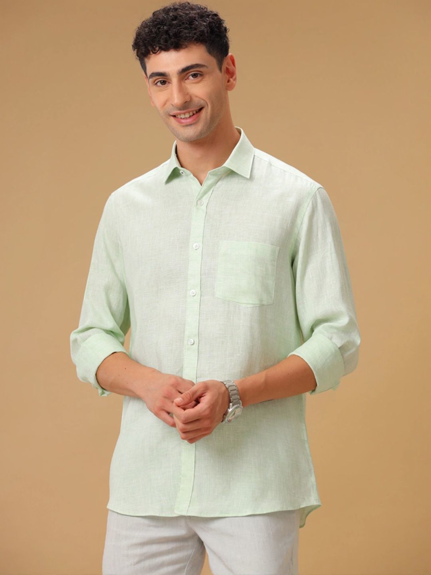 Linen Club Green Linen Contemporary Fit Texture Shirt