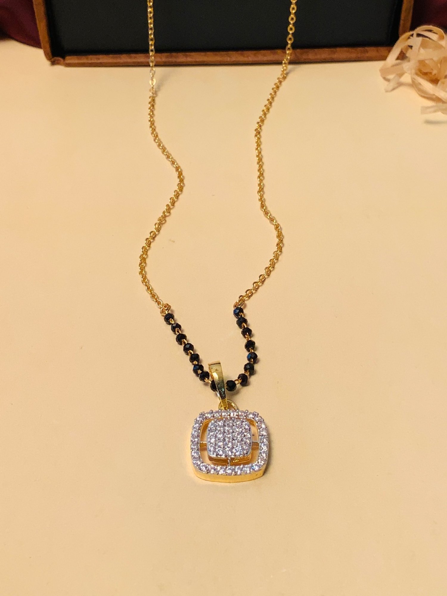 Abdesigns Gold-Plated American Diamond & Black Beaded Mangalsutra