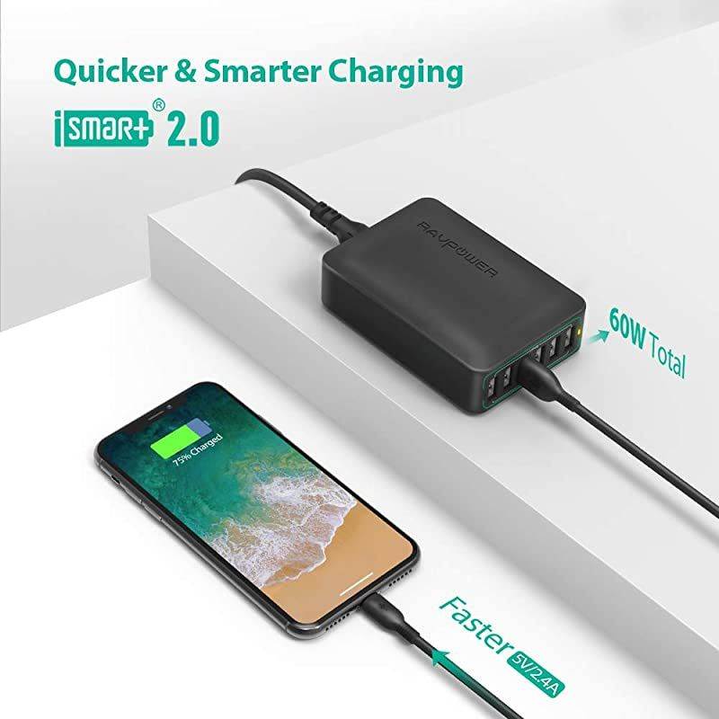 USB Charger  60W 12A 6-Port Desktop USB Charging Station with iSmart Multiple Port, Compatible iPhone 11 Pro Max XS Max XR X 8 Plus, iPad Pro Air Mini, Galaxy S9 Edge, Tablet and More (Black)