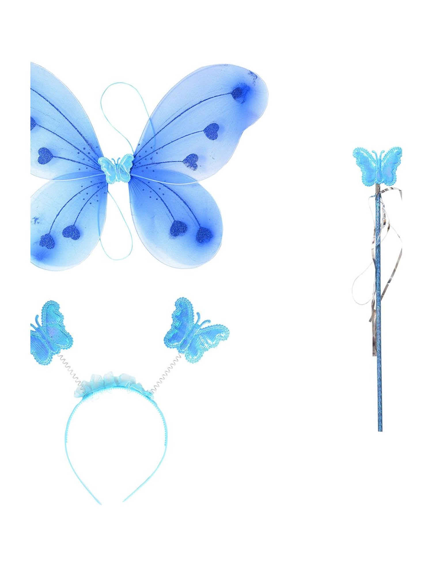 Ahhaaaa Kids Blue Embellished Dress, Wings, Hair Band with Fairy Stick