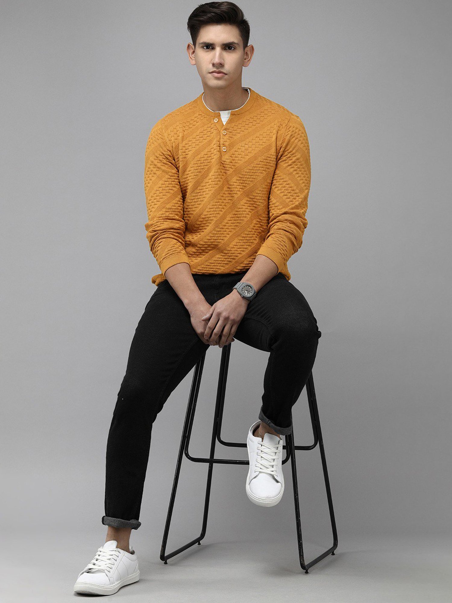 The Bear House Mustard Slim Fit Self Design Sweater