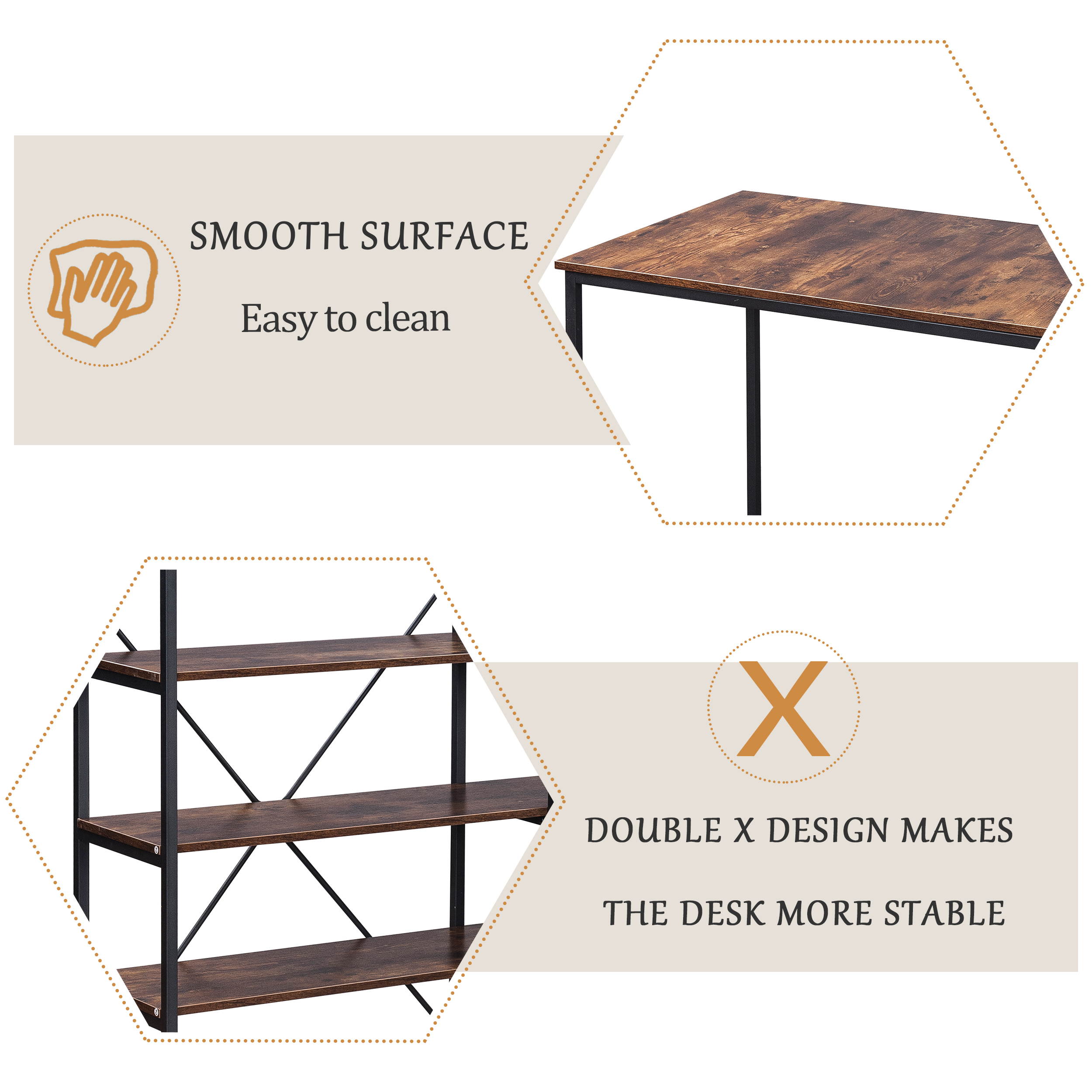 54" Home Office Desk Large Computer Desk Study Table Writing Desk Gaming Desk Workstation with 5-tier shelves Bookcase Brown