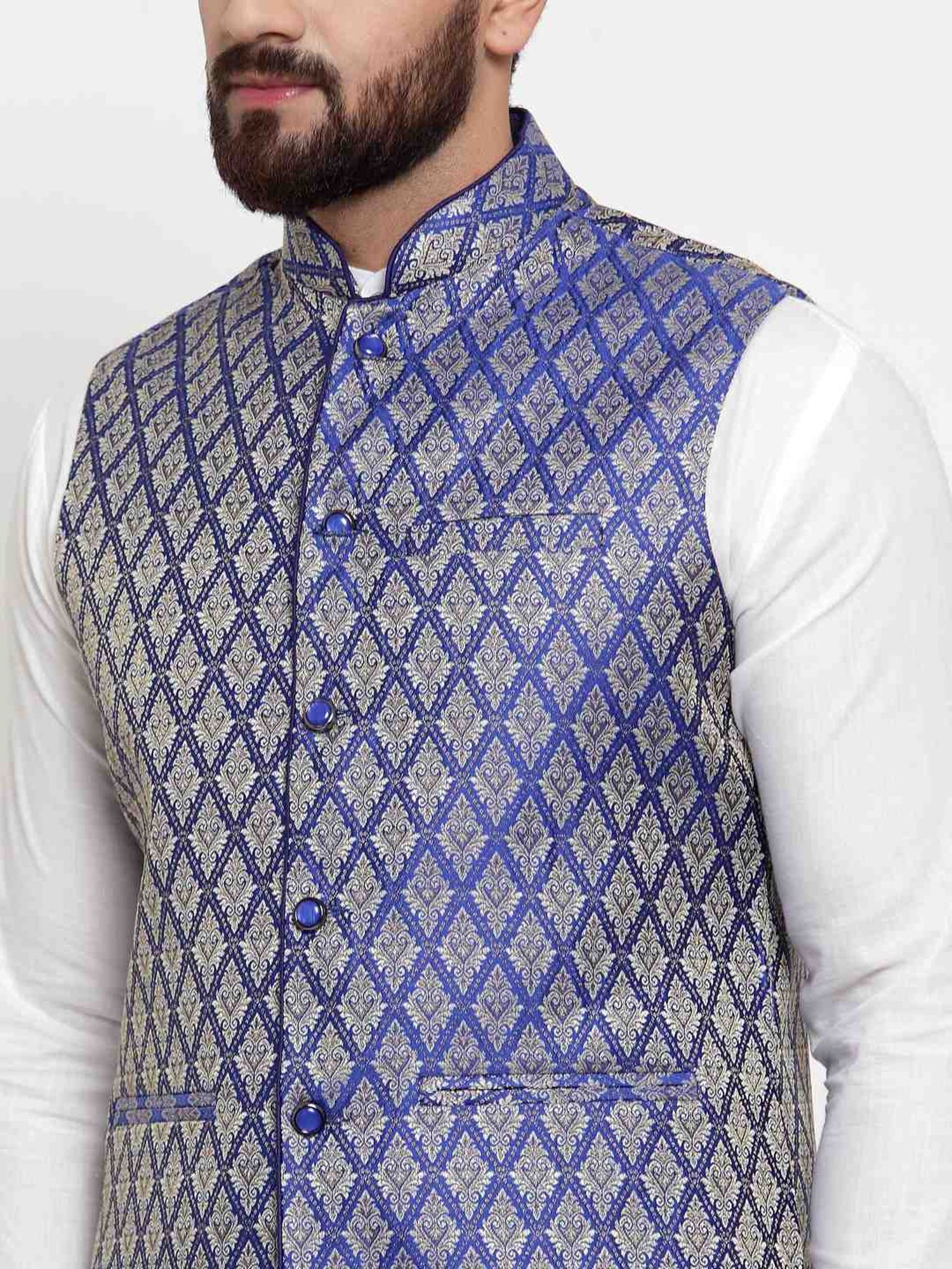 Treemoda Royal Blue Regular Fit Self Pattern Nehru Jacket