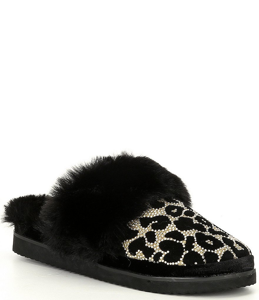 Gianni Bini Comfiee Leopard Print Rhinestone Embellished Faux Fur Slippers