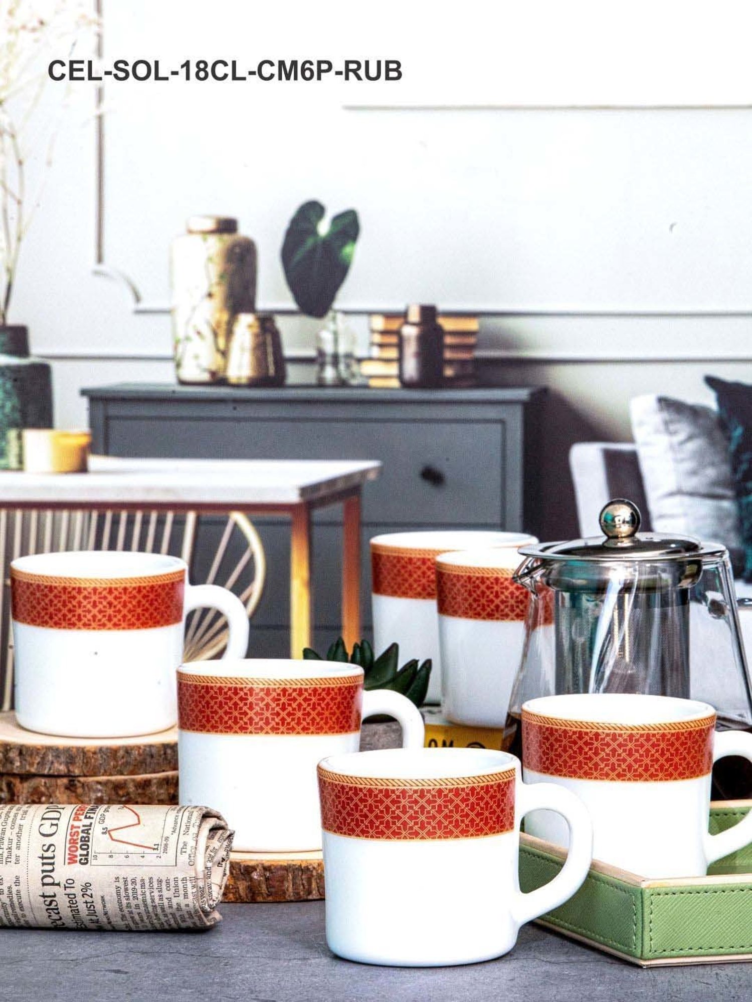 Cello White & Red Opalware Solitaire Tea Mug (0.18 L) - Set of 6