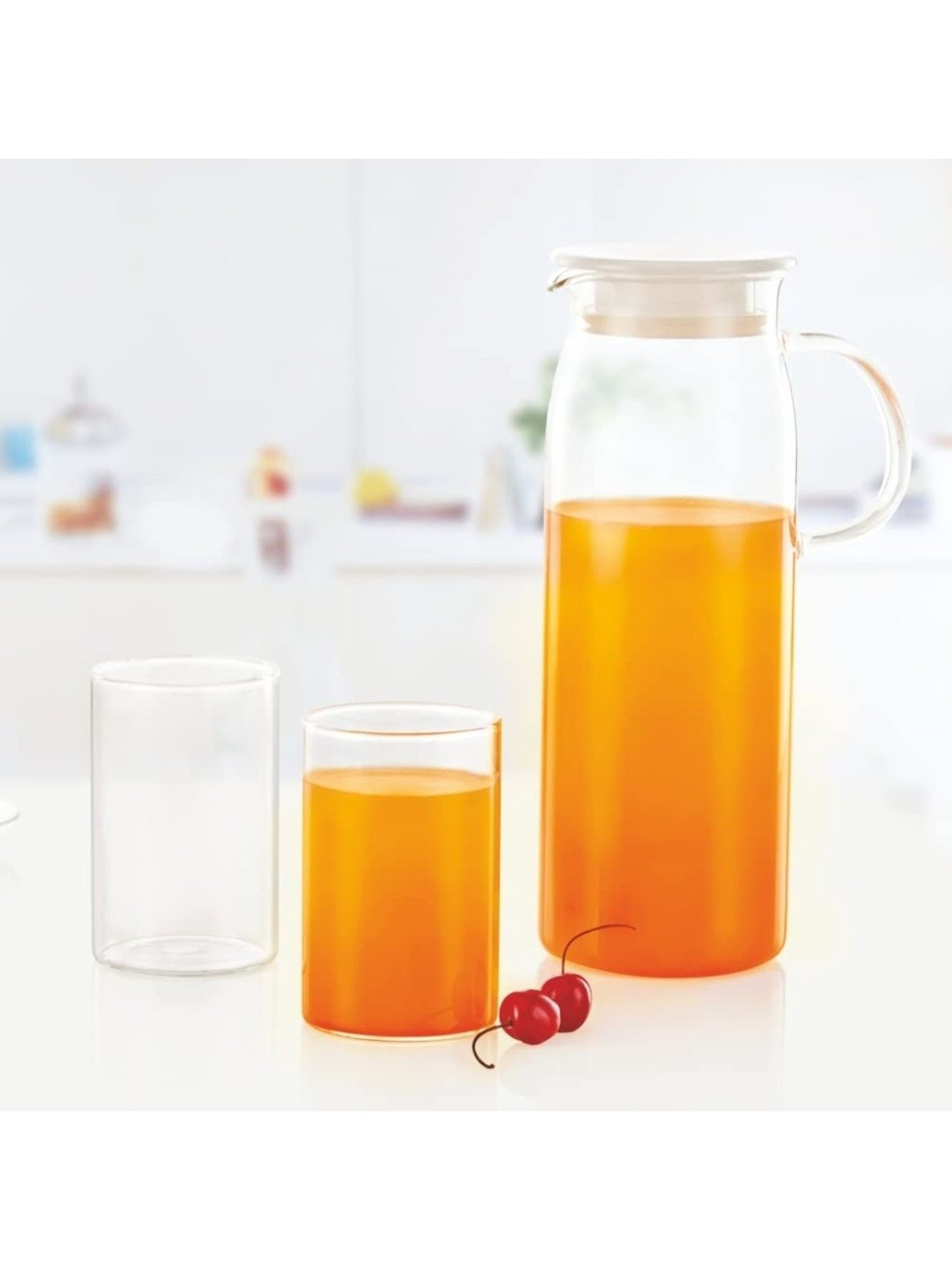 Borosil Clear Glass Jug with Glasses, Set of 7, 1 Glass Jug 600 ml, 6 Glasses 295ml Each