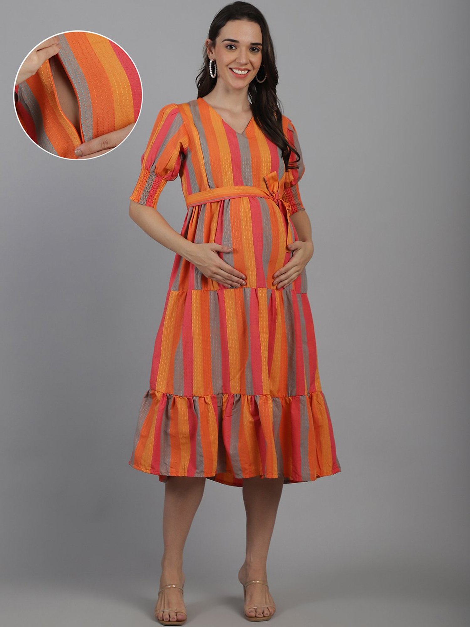 Moms Maternity Orange Striped Maternity Midi Dress