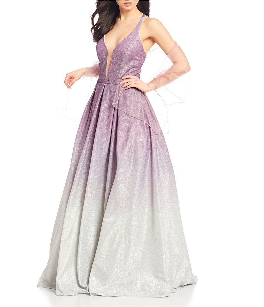 Coya Collection Plunging V-Neck Shimmer Ombre Ball Gown