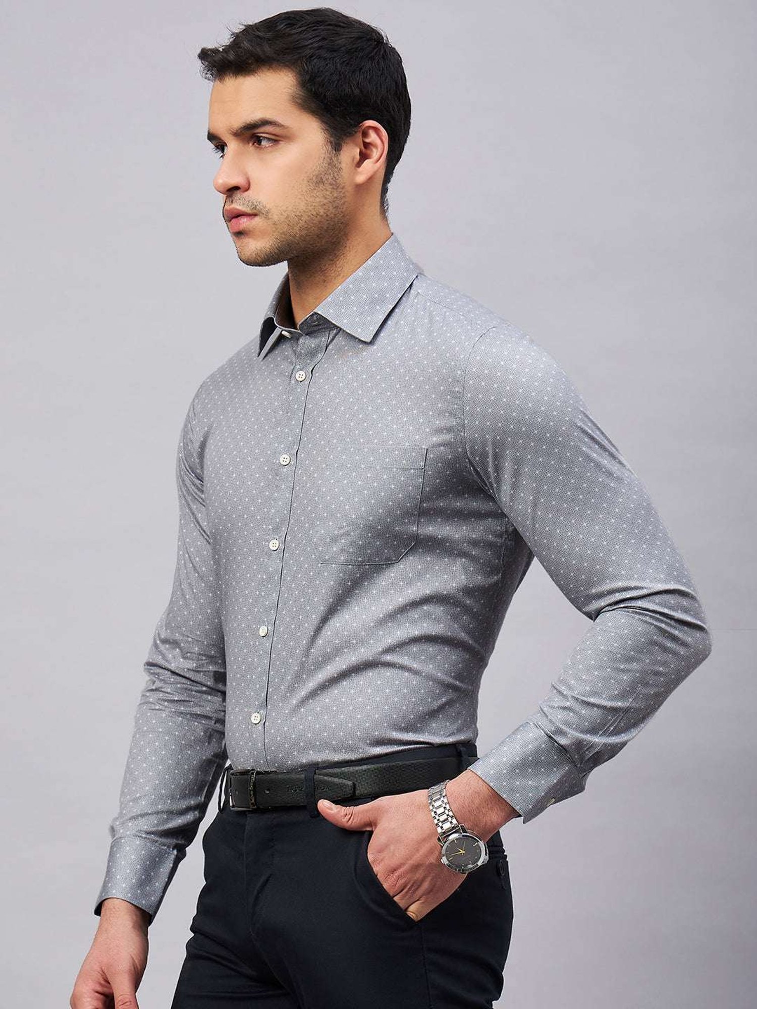 Louis Stitch Grey Cotton Regular Fit Printed Shirt
