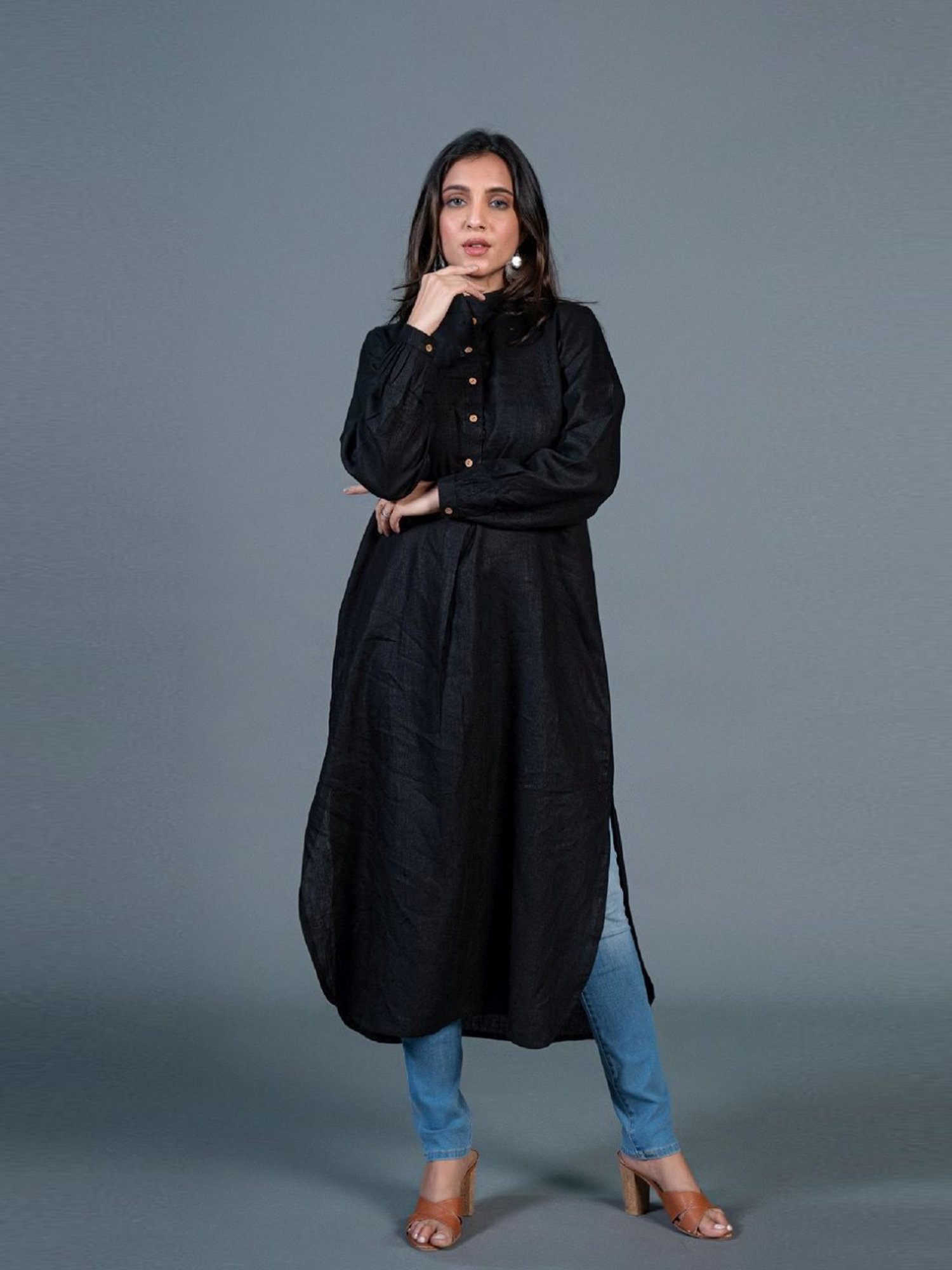 Eeshva India Black Jabha Style Linen Kurta