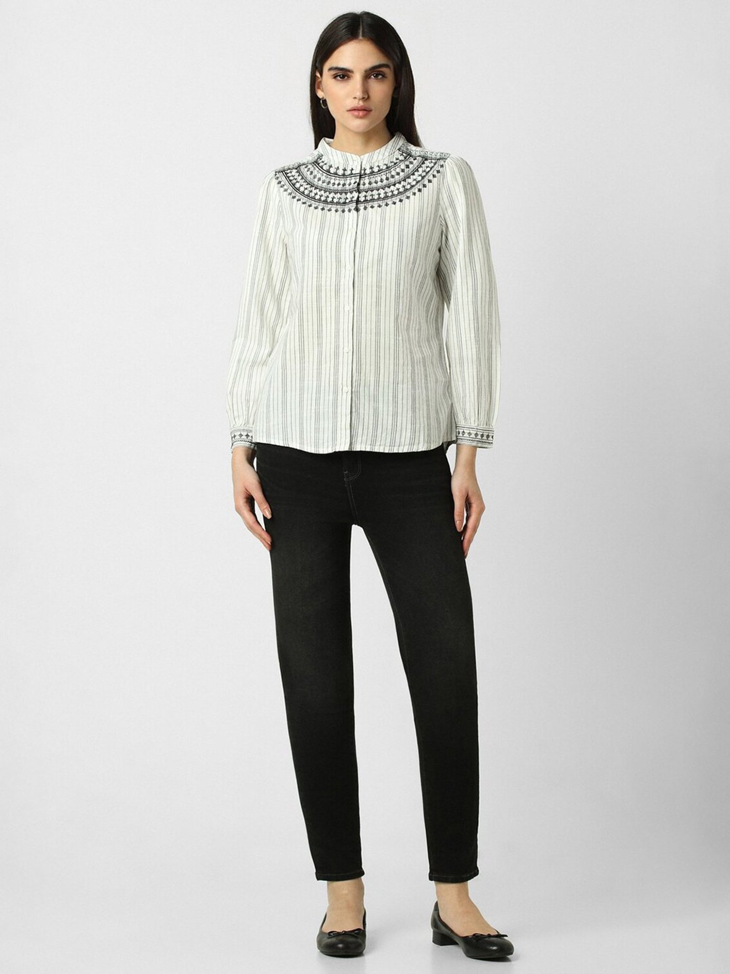 Van Heusen White & Black Cotton Striped Top