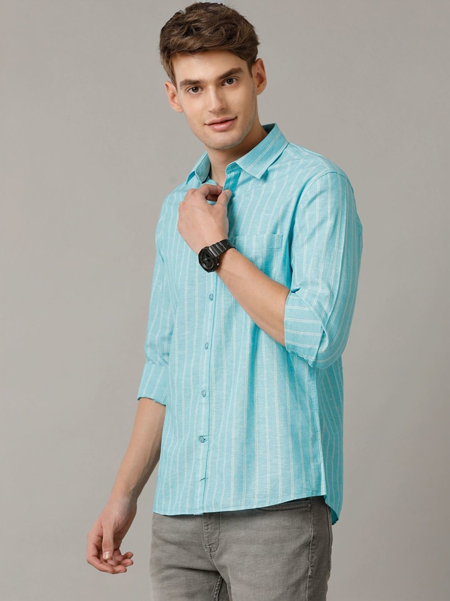 Cavallo By Linen Club Turquoise Blue Linen Contemporary Fit Striped Shirt