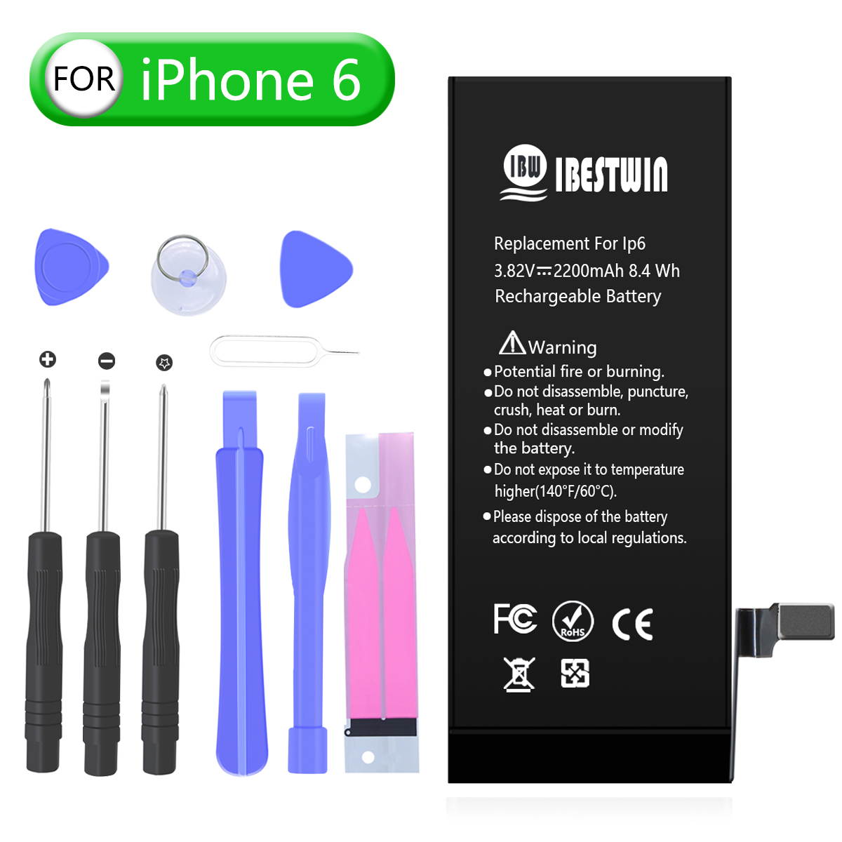 Battery for iPhone 6, IBESTWIN 2200mAh Replacement Battery for iPhone 6 High Capacity with Full Remove Tool Kit and Instruction -3 Year Warranty